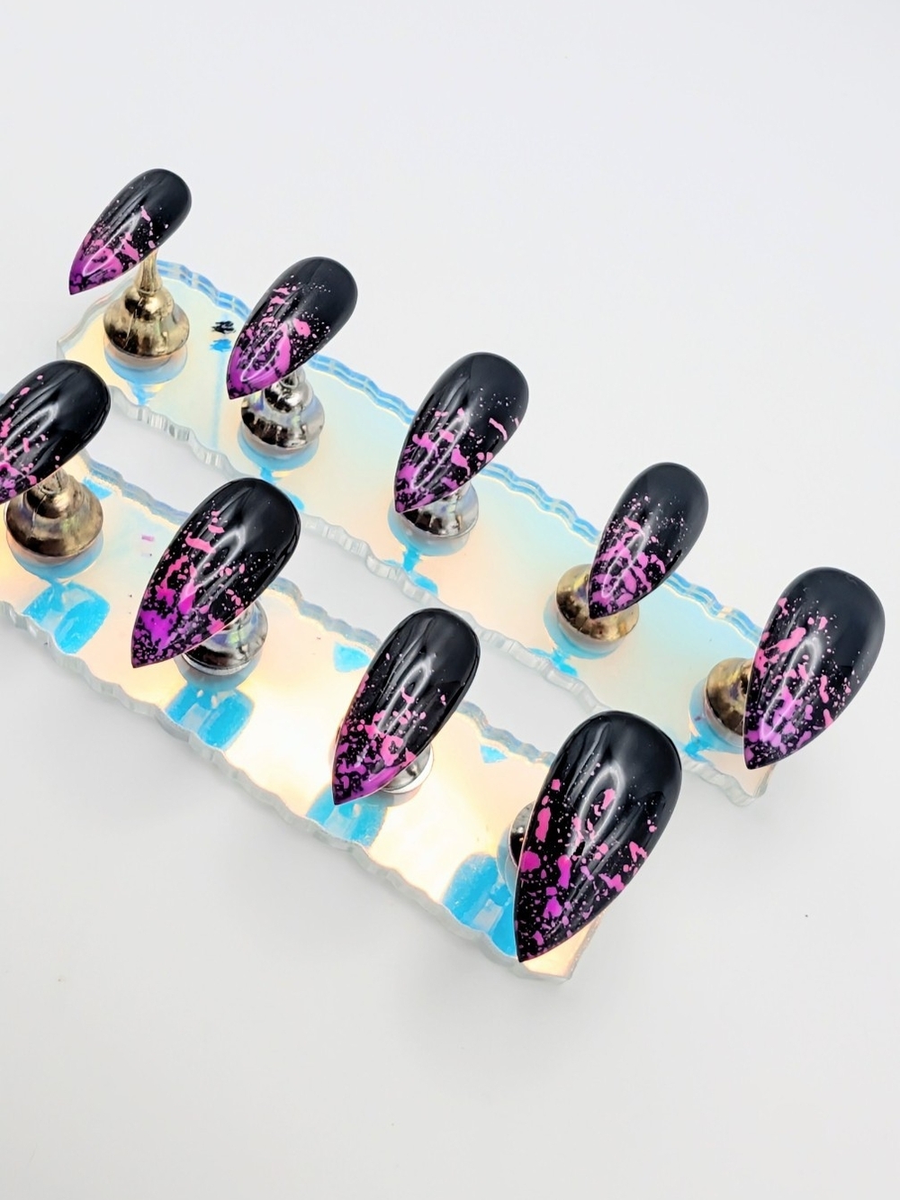 Handcrafted Black With Pink Paint Splatter Med Stiletto Press-On Nails